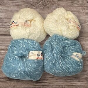 4 Vintage Pingouin Mystere Mohair Wool Blend FluffyYarn 2 Cream 2 Blue